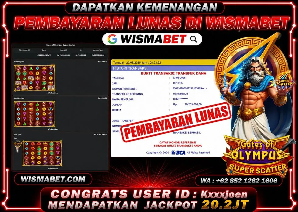 Wismabet - BUKTI KEMENANGAN Gates Of Olympus Superscatter Rp20,265,000,- LUNAS